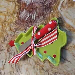 MUD PIE Christmas Tree Shaped Butter dish and spreader NEW
